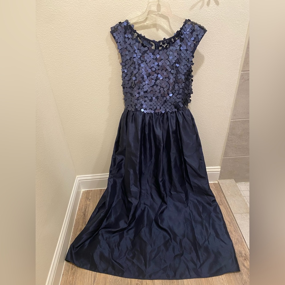 JS Boutique Paillette Navy Sequined Mesh Full Length Evening Dress